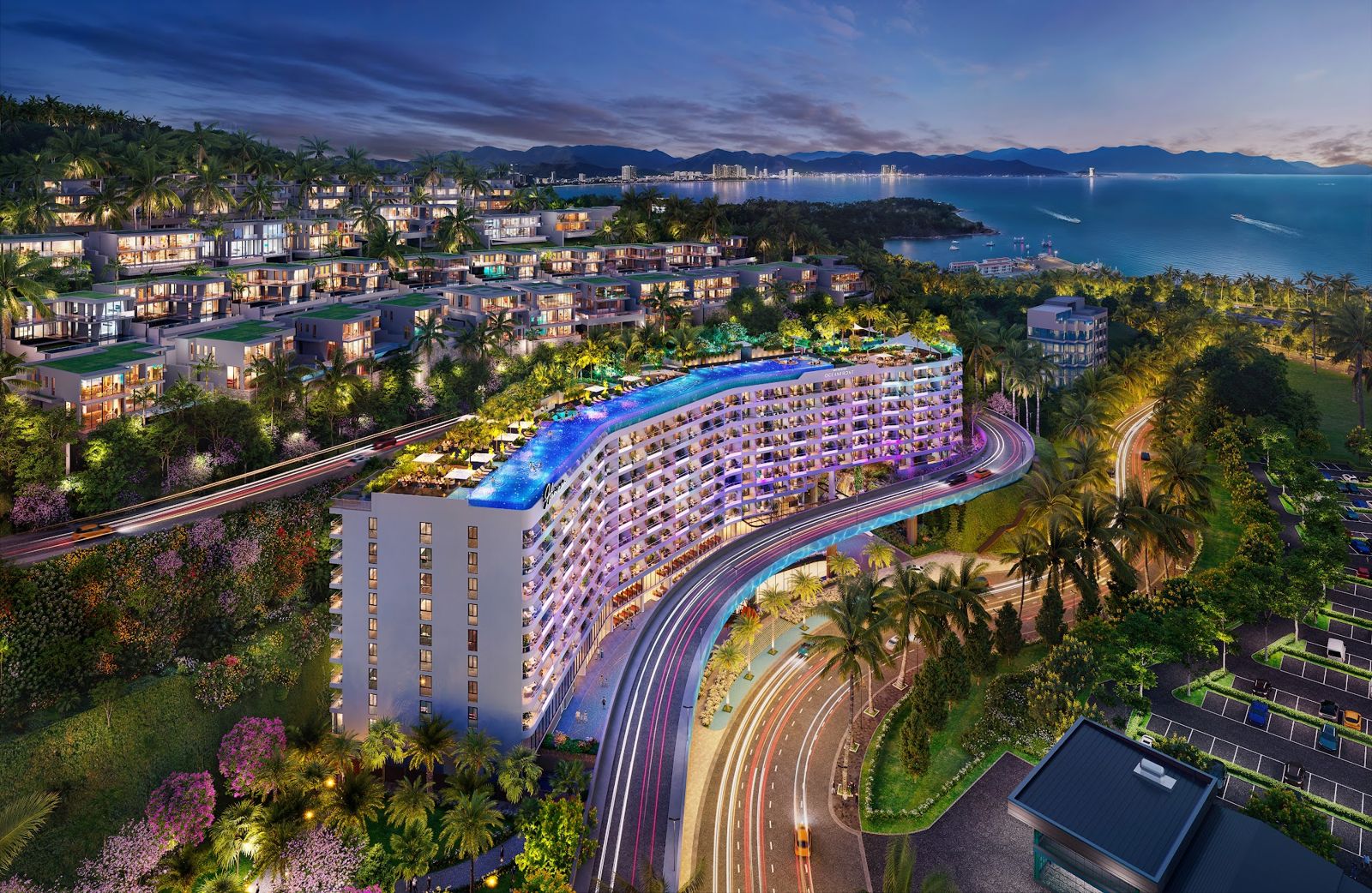 Phối cảnh Anh Nguyen OceanFront Horizon về đêm, tòa nhà uốn sóng tựa núi Chụt hướng ra vịnh Nha Trang
