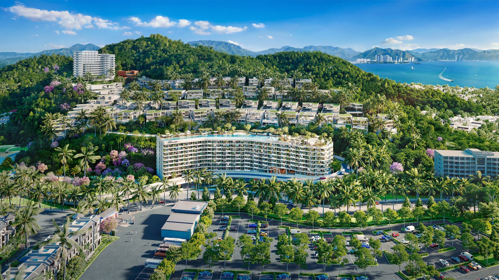 Phối cảnh tổng thể ban ngày của tòa nhà giữa khu biệt thự và núi xanh